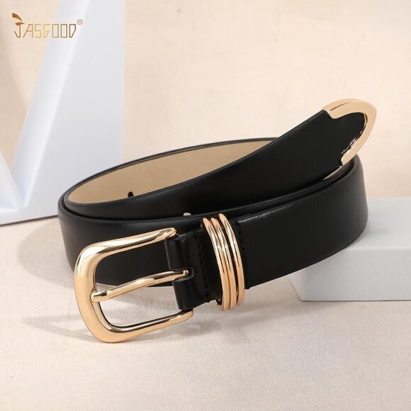 Women  Black Leather Belt Gold Buckle Ladies Leather Waist Belt for Jeans Pants